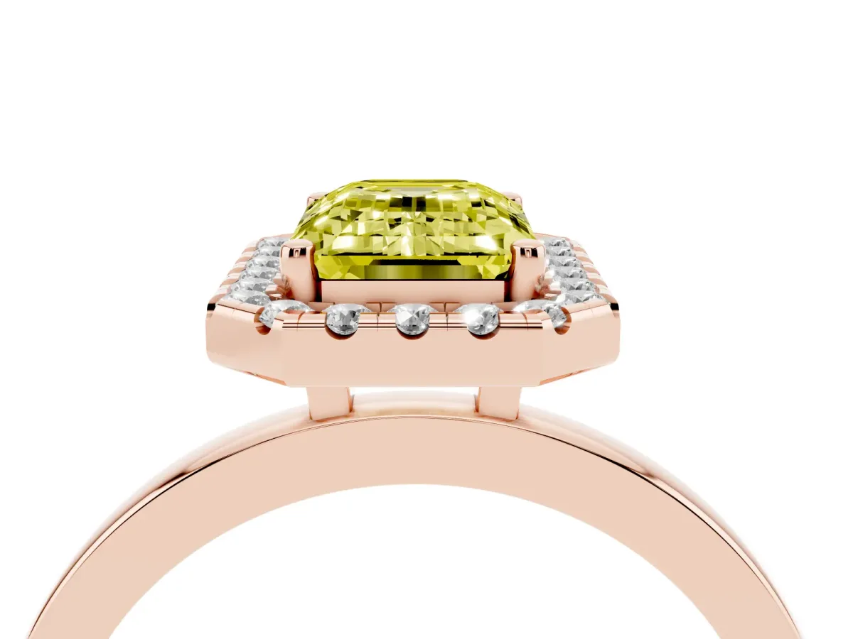 Fancy Yellow Emerald Cut Halo Diamond Solitaire with Pavé Band and Four-Prong Setting Rose gold