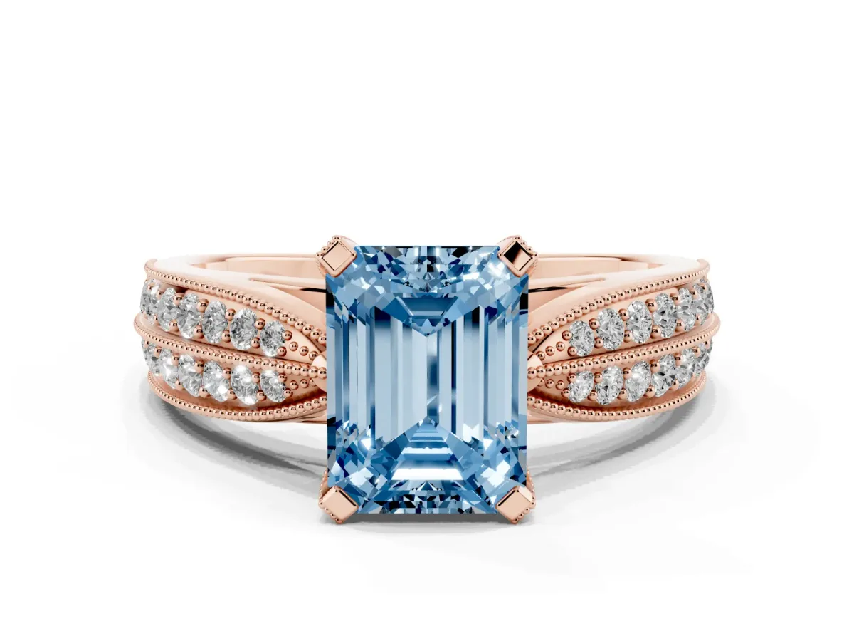 Fancy Blue Emerald Cut Diamond Solitaire Ring with Milgrain Round Pavé Band and Prong Setting Rose gold