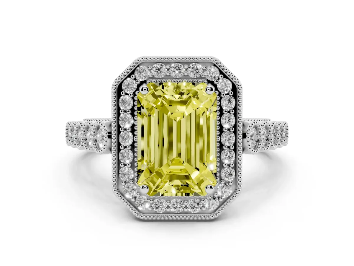 Fancy Yellow Emerald Cut Halo Milgrain Solitaire with Bezel Set Side Stones and Pave Band Silver