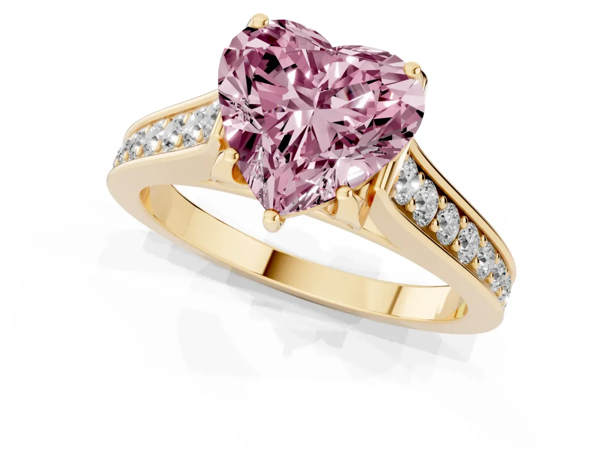 Fancy Pink Heart Cut Brilliant Cut Diamond Engagement Ring with Pavé Band and Four-Prong Setting Yellow gold