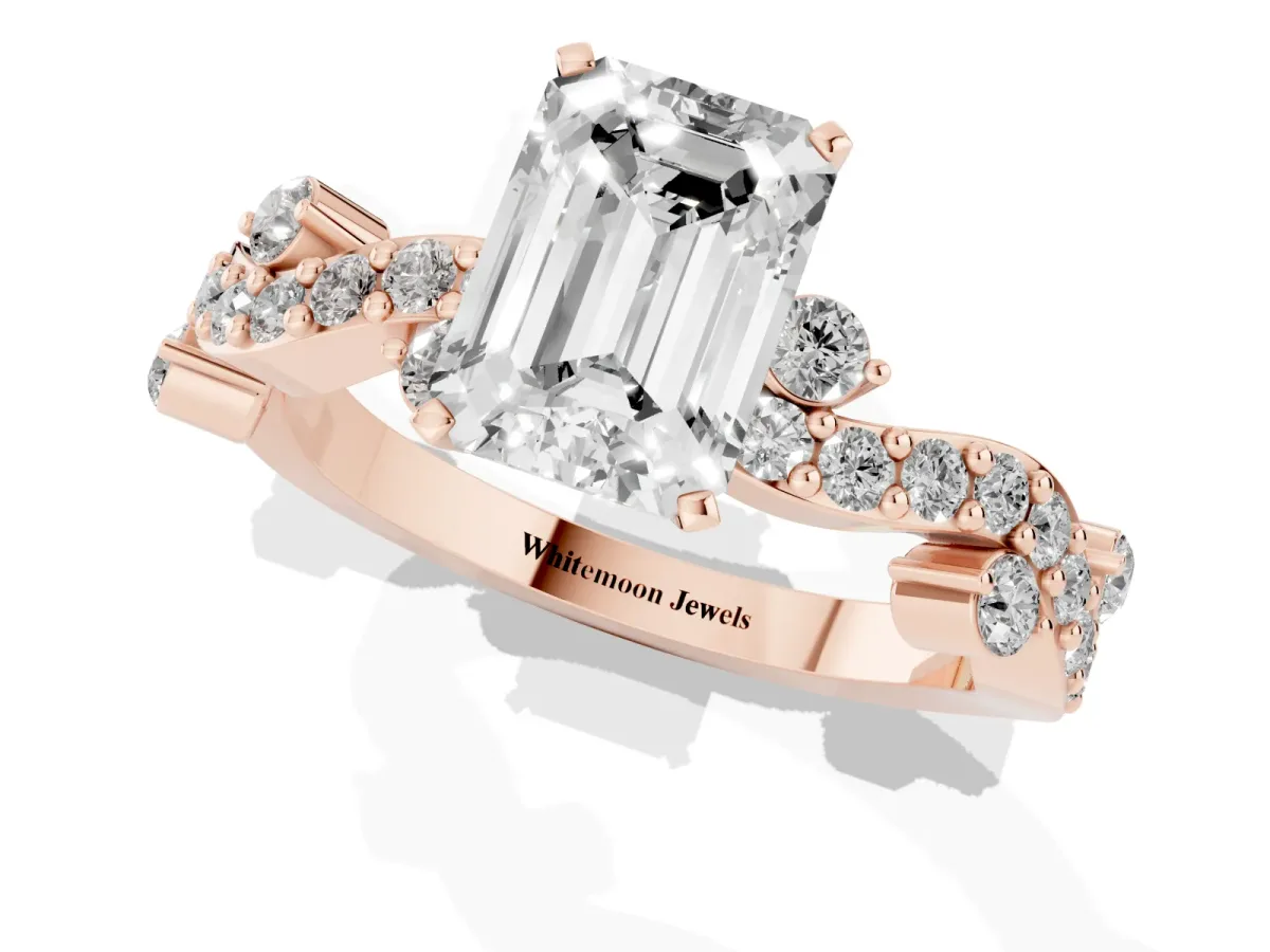 Emerald Cut Cut Solitaire Diamond Twisted Band with Pave Setting Rose gold