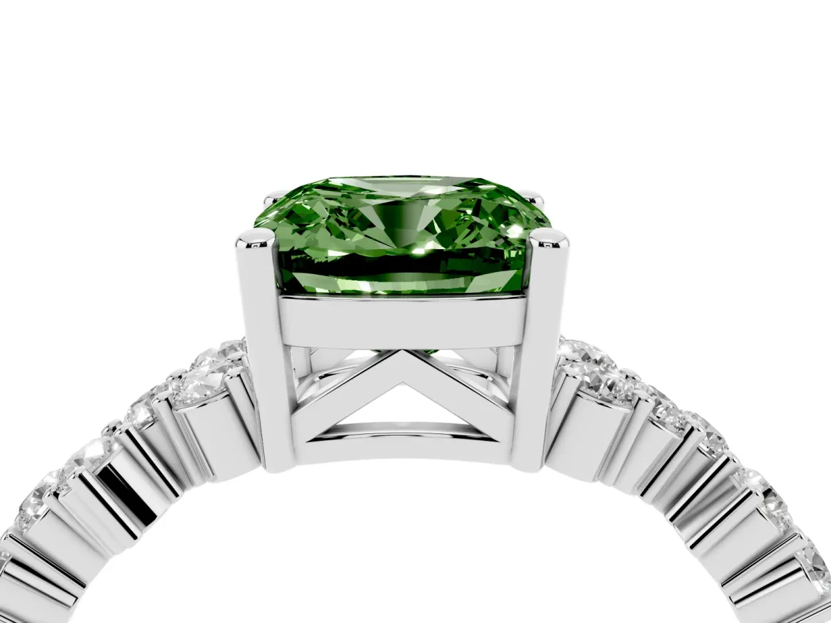Fancy Green Cushion Cut Diamond Scattered Round Accent Ring with Prong Setting White gold