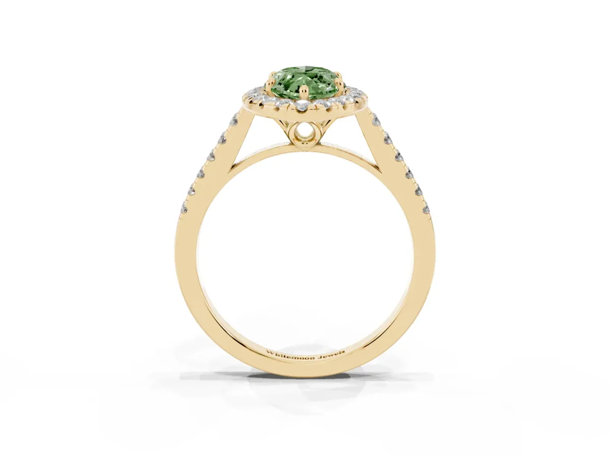 Fancy Green Marquise Cut Halo Pavé Diamond Engagement Ring with Four-Prong Setting Yellow gold