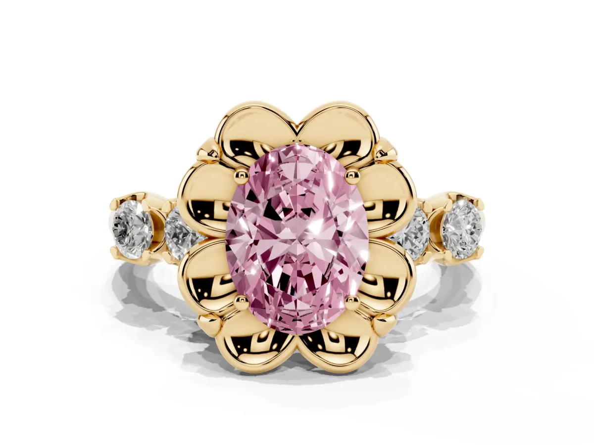 Fancy Pink Oval Cut Cut Diamond Floral Halo Engagement Ring with Shared Prong Setting Yellow gold