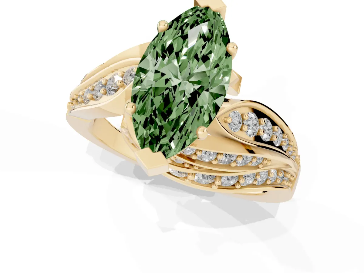 Fancy Green Marquise Cut Diamond Solitaire Ring with Prong Setting and Twisted Pavé Band Yellow gold