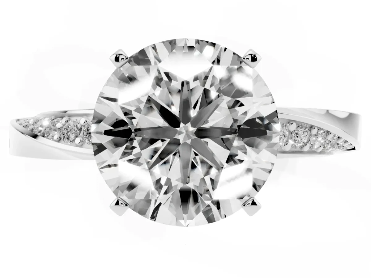 Round Cut Diamond Engagement Ring with Side Stone Accents and Four-Prong Setting Silver