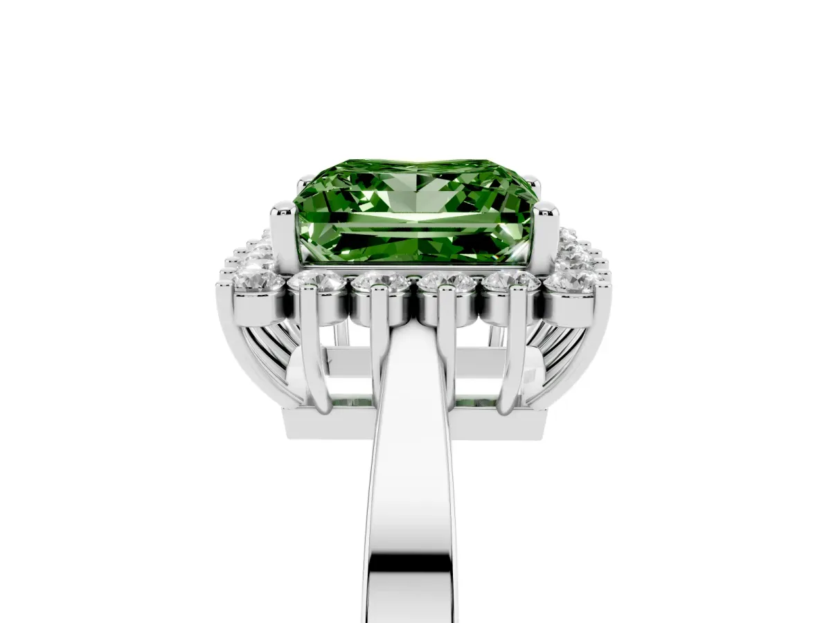 Fancy Green Princess Cut Cut Diamond Halo Ring with Round Brilliant Halo and Solitaire Band Silver