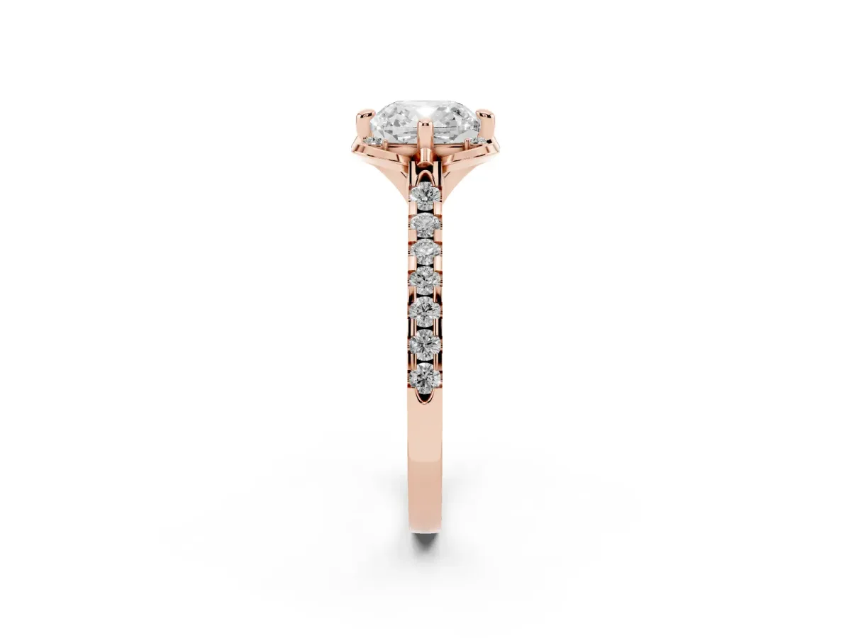 Cushion Cut Diamond Ring with Pavé Band and Floral Prong Setting Rose gold