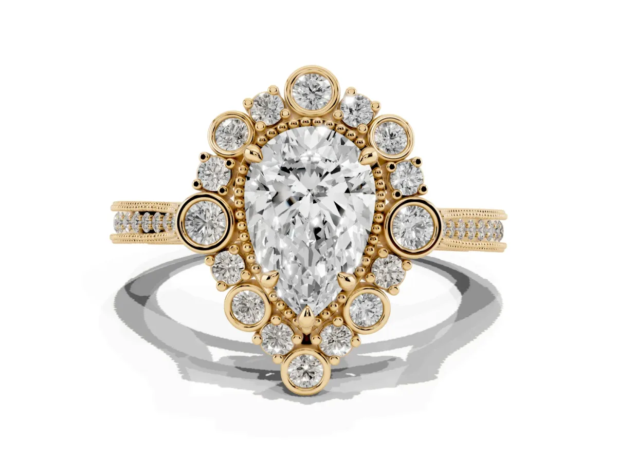 Pear Cut Halo Milgrain Pave Diamond Ring with Four-Prong Setting Yellow gold