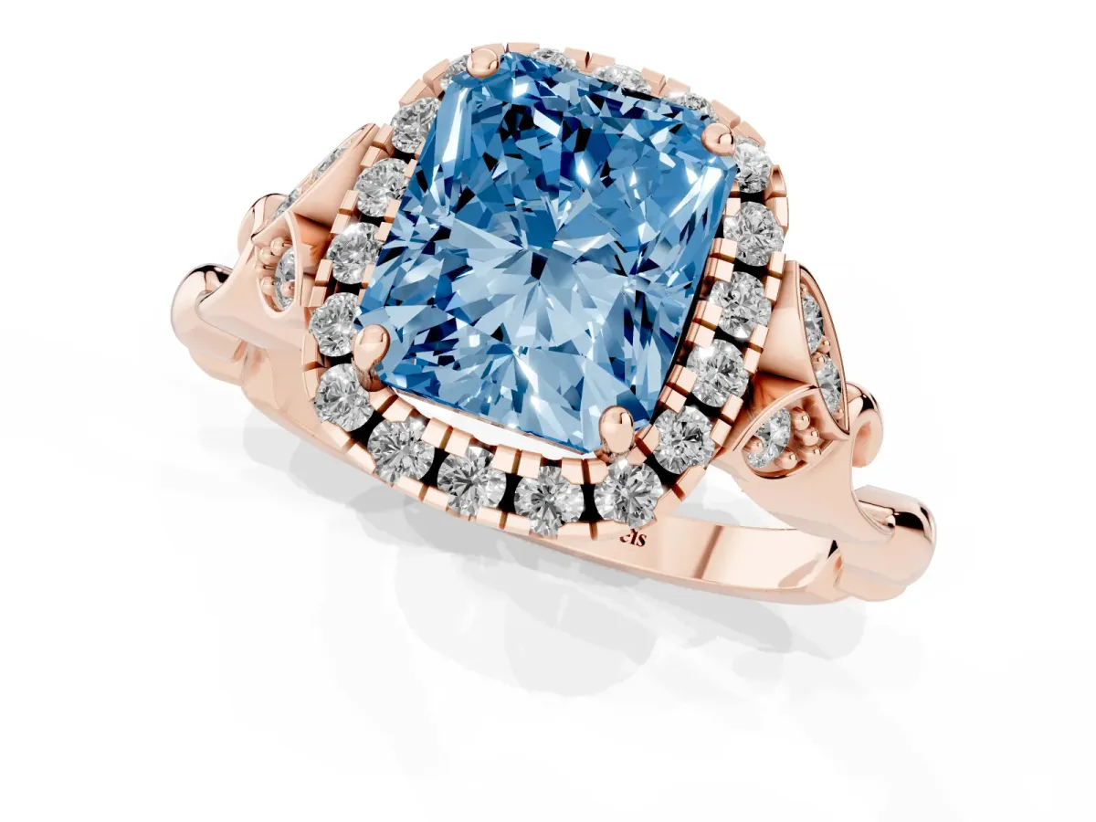 Fancy Blue Radiant Cut Halo Diamond Engagement Ring with Vintage-Inspired Band and Four-Prong Setting Rose gold