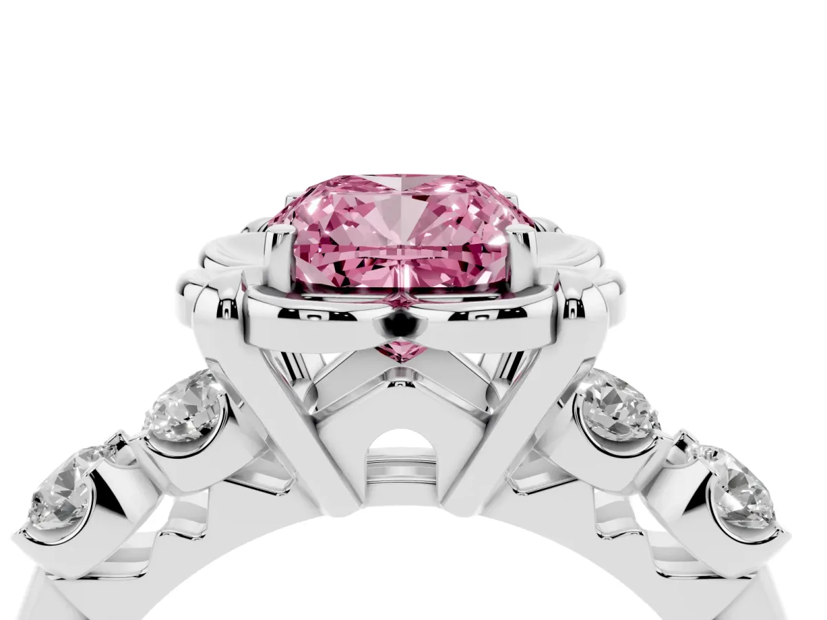 Fancy Pink Cushion Cut Cut Diamond Floral Halo Engagement Ring with Shared Prong Setting Silver