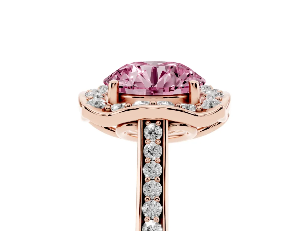 Fancy Pink Round Cut Halo Round Diamond Pave Band with Four-Prong Setting Rose gold