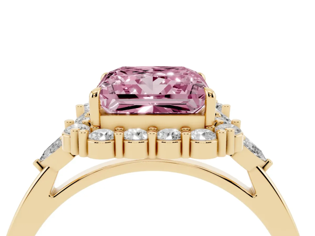 Fancy Pink Princess Cut Diamond Halo Ring with Pear Side Stones and Prong Setting Yellow gold