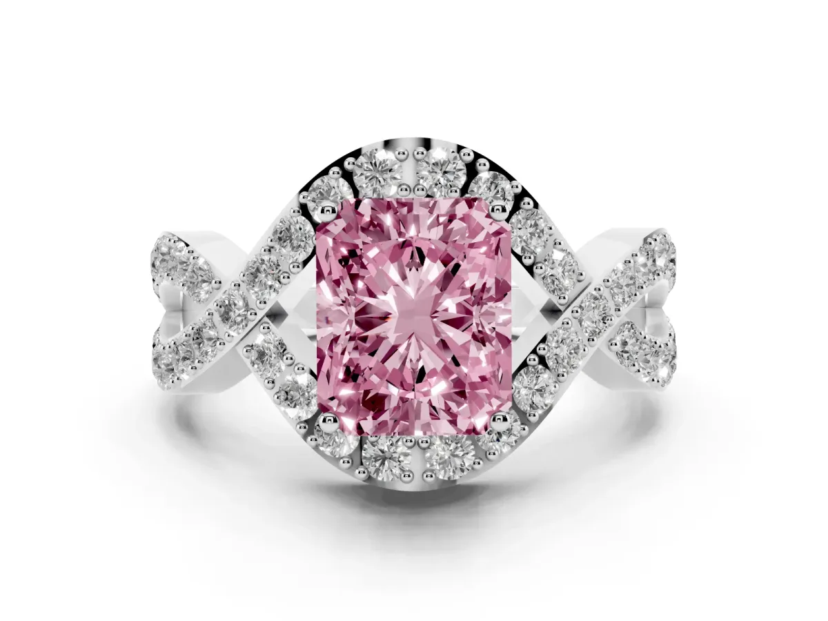 Fancy Pink Radiant Cut Solitaire Twist Band Pavé Diamond Engagement Ring Platinum