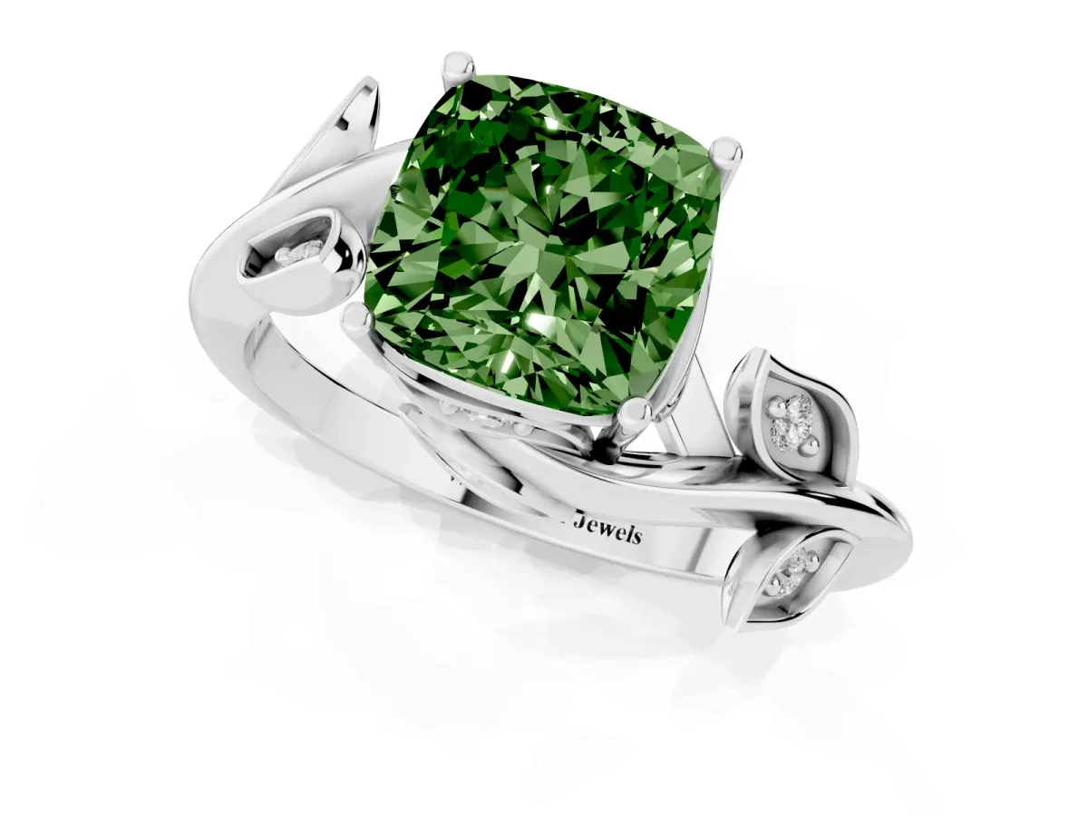 Fancy Green Cushion Cut Solitaire Twist Engagement Ring with Leaf Accents and Prong Setting Platinum