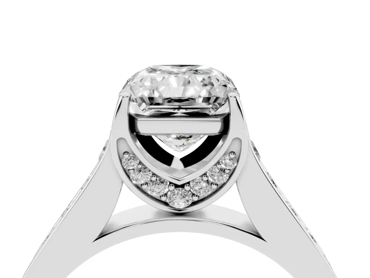 Radiant Cut Brilliant Cut Diamond Engagement Ring with Pavé Band and Four-Prong Setting Platinum