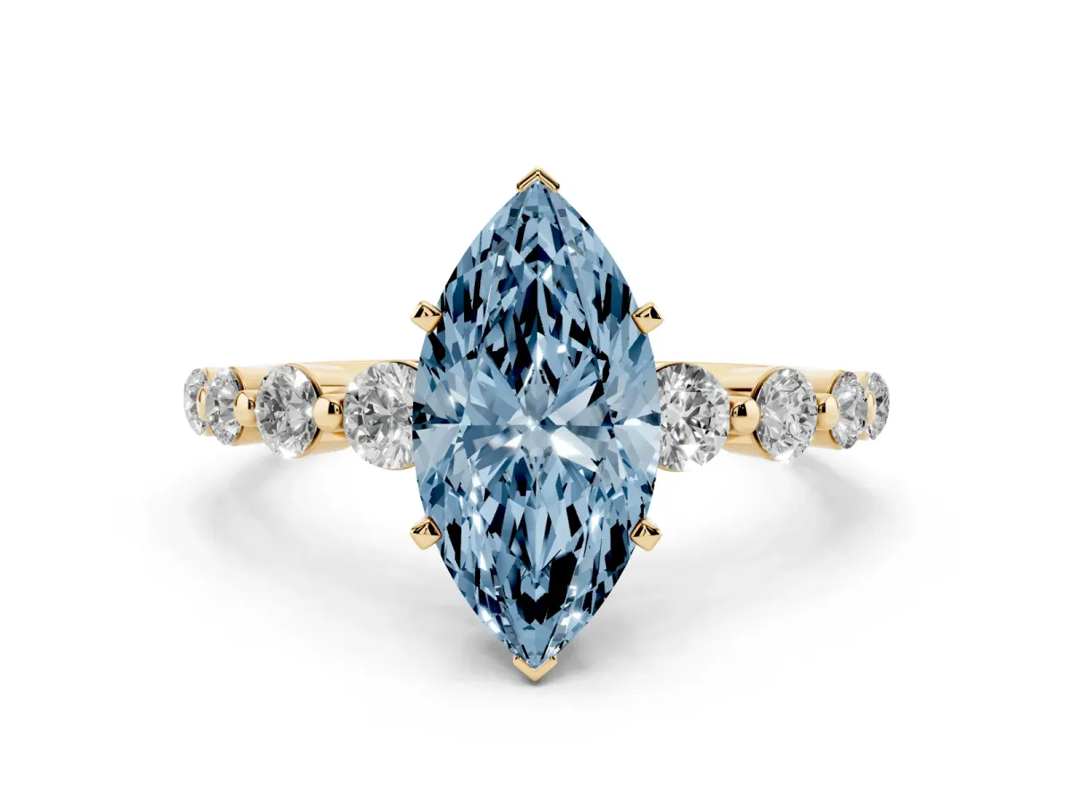 Fancy Blue Marquise Cut Solitaire Diamond Ring with Pave Band and Four-Prong Setting Yellow gold
