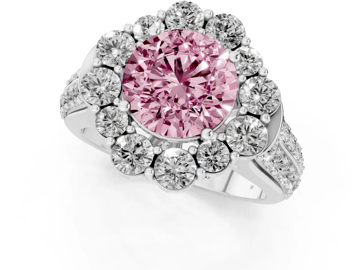 Fancy Pink Round Cut Halo Diamond Engagement Ring with Split Shank and Prong Setting Silver