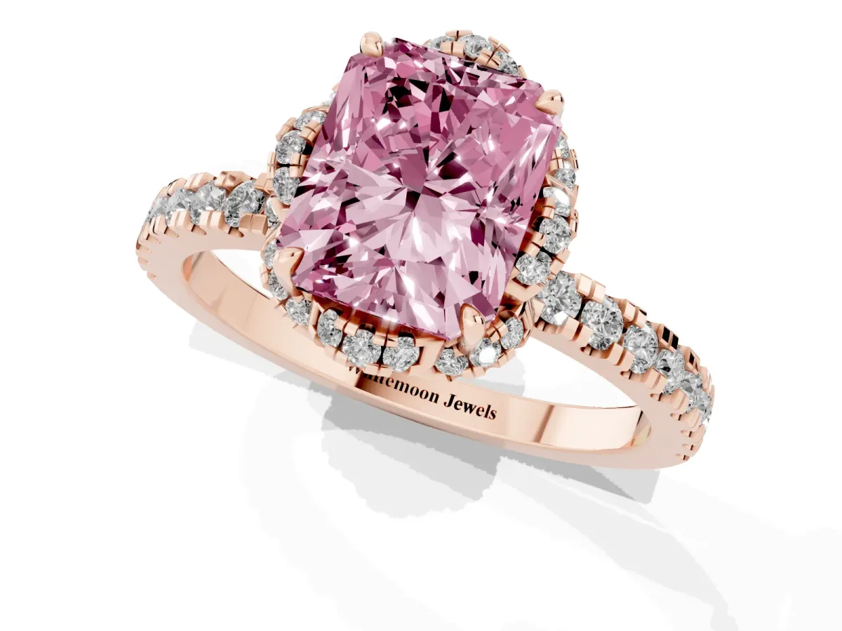 Fancy Pink Radiant Cut Diamond Halo Pave Band with Four-Prong Setting Rose gold