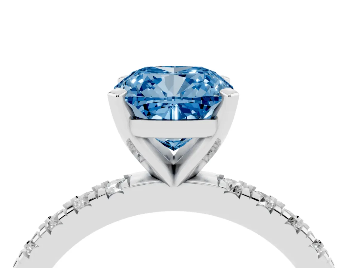 Fancy Blue Cushion Cut Diamond Pavé Band Solitaire with Four-Prong Setting Platinum