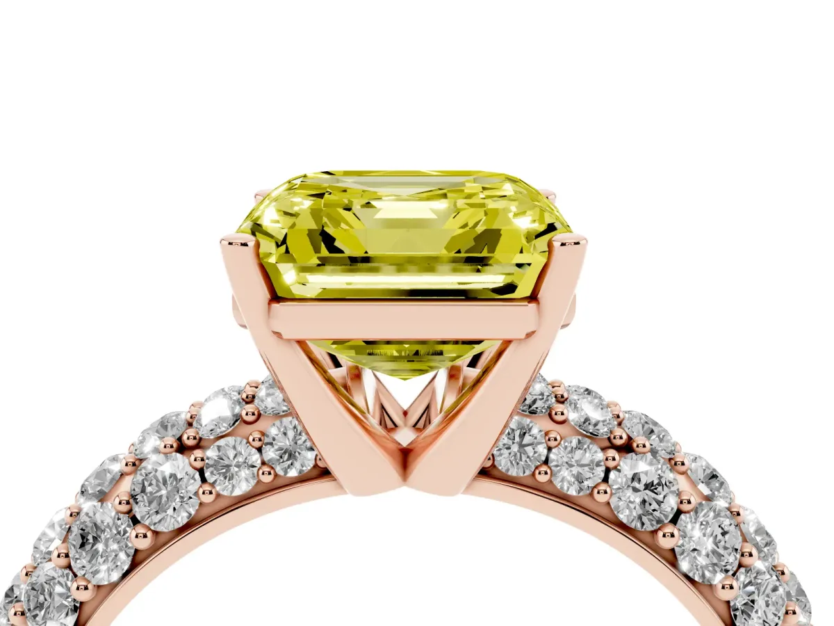 Fancy Yellow Asscher Cut Diamond Pavé Band Solitaire Ring with Four-Prong Setting Rose gold