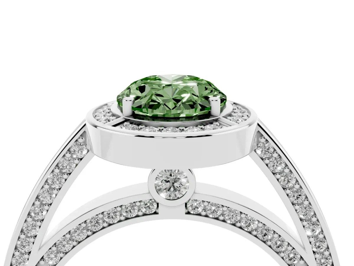 Fancy Green Oval Cut Cut Halo Pave Split Shank Prong Setting Ring Platinum