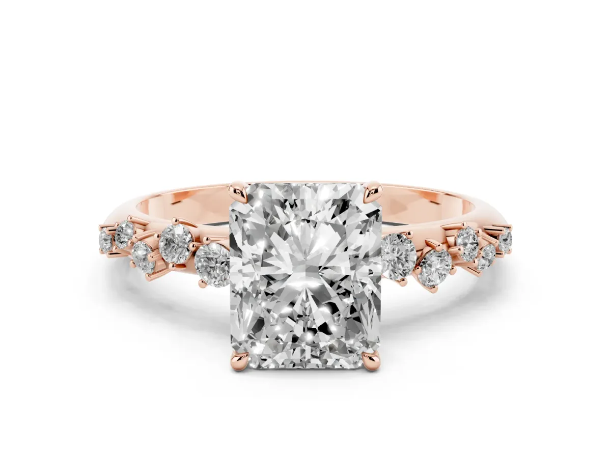Radiant Cut Diamond Cluster Side Stone Solitaire Ring with Prong Setting Rose gold