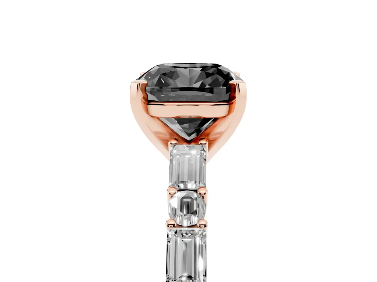 Fancy Black Cushion Cut Diamond Solitaire with Side Baguettes and Channel Set Band Rose gold