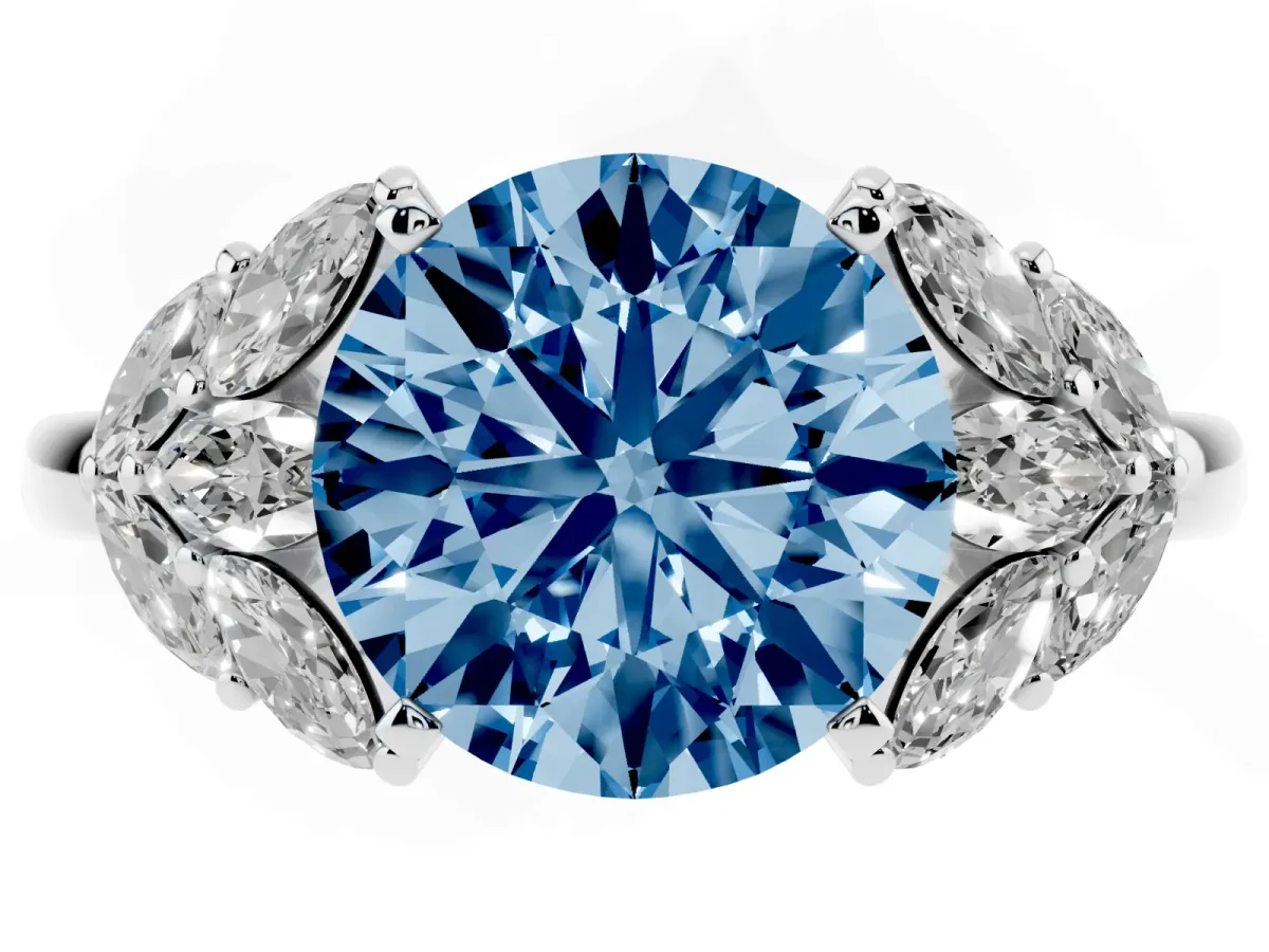Fancy Blue Round Cut Diamond Cluster Leaf Design Ring with Prong Setting Silver