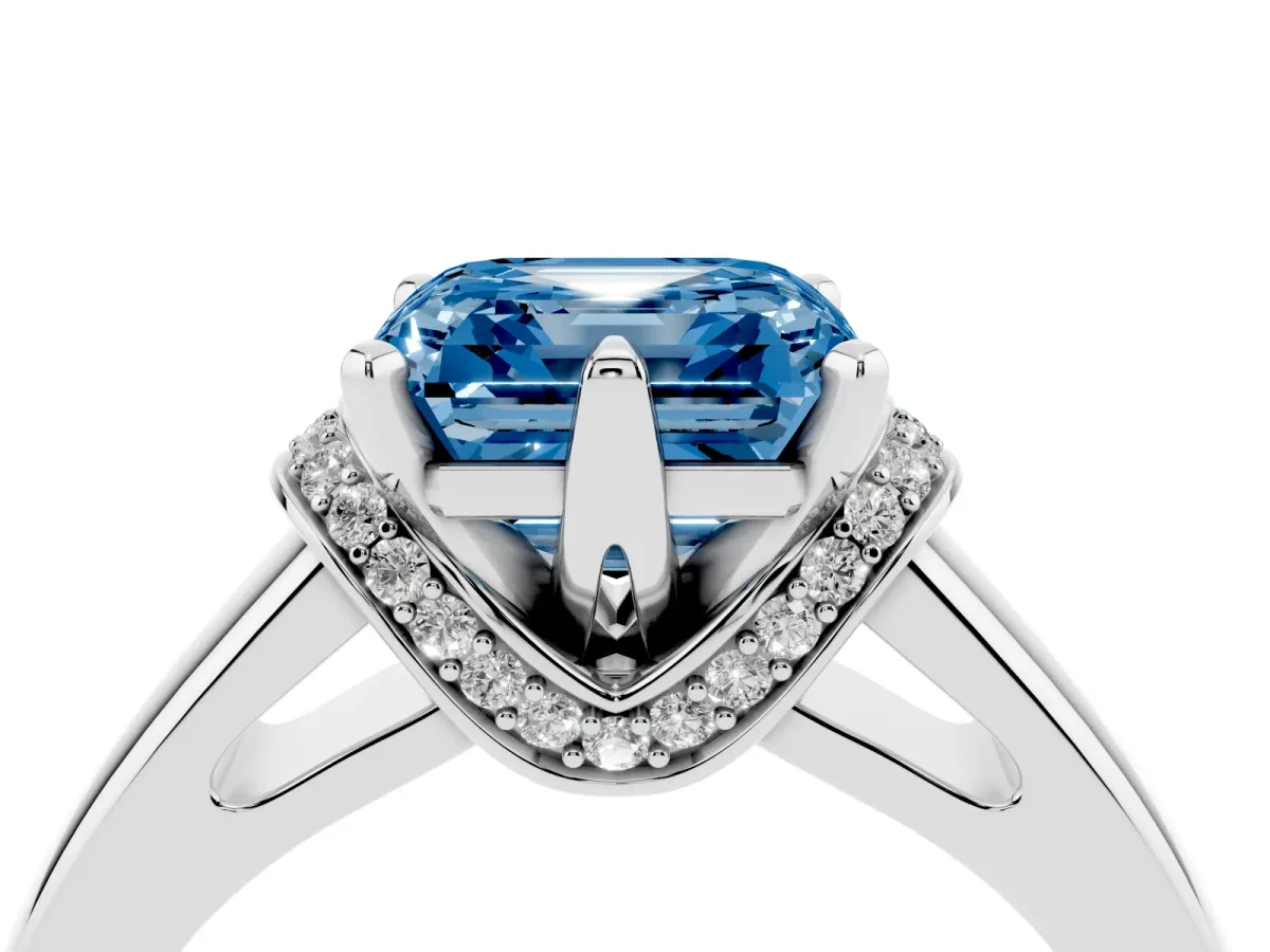 Fancy Blue Asscher Cut Solitaire Diamond Ring with Pave Band and Six-Prong Setting Silver