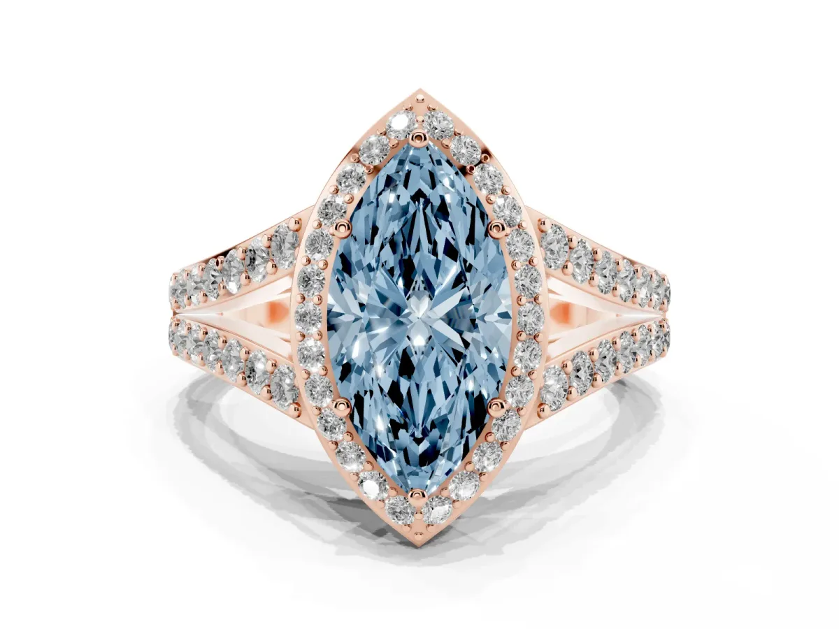 Fancy Blue Marquise Cut Diamond Split Shank Halo Ring with Four-Prong Setting Rose gold