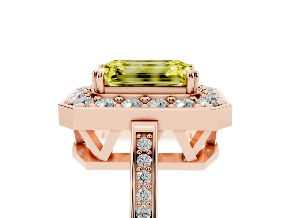 Fancy Yellow Emerald Cut Diamond Halo Ring with Split Shank and Four-Prong Setting Rose gold