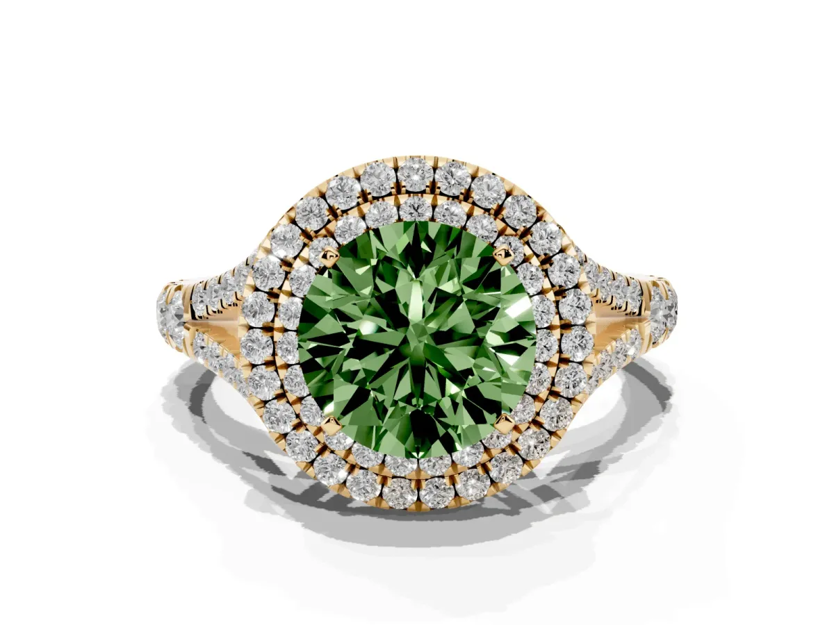 Fancy Green Round Cut Diamond Pavé Split Shank Double Halo Engagement Ring Yellow gold