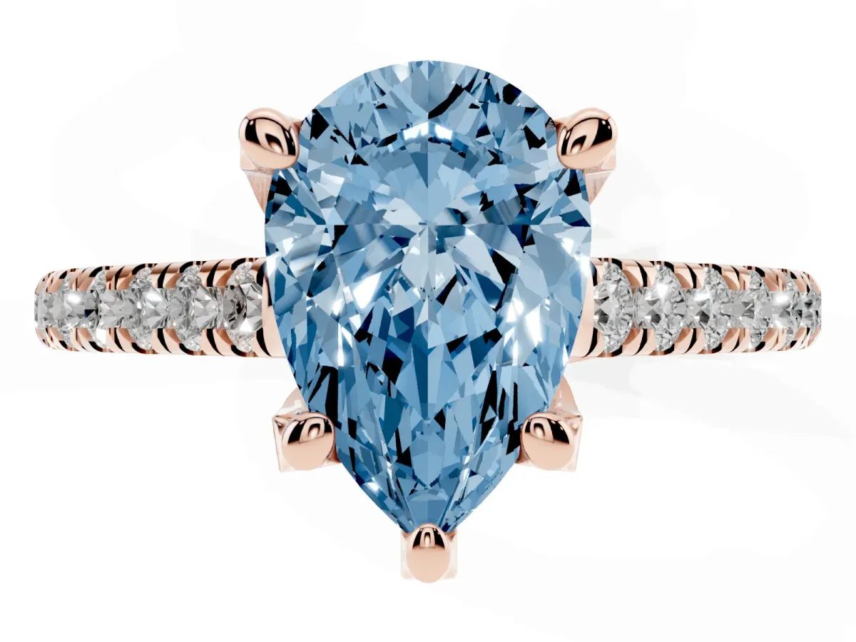 Fancy Blue Pear Cut Brilliant Diamond Solitaire with Pavé Band and Four-Prong Setting Rose gold