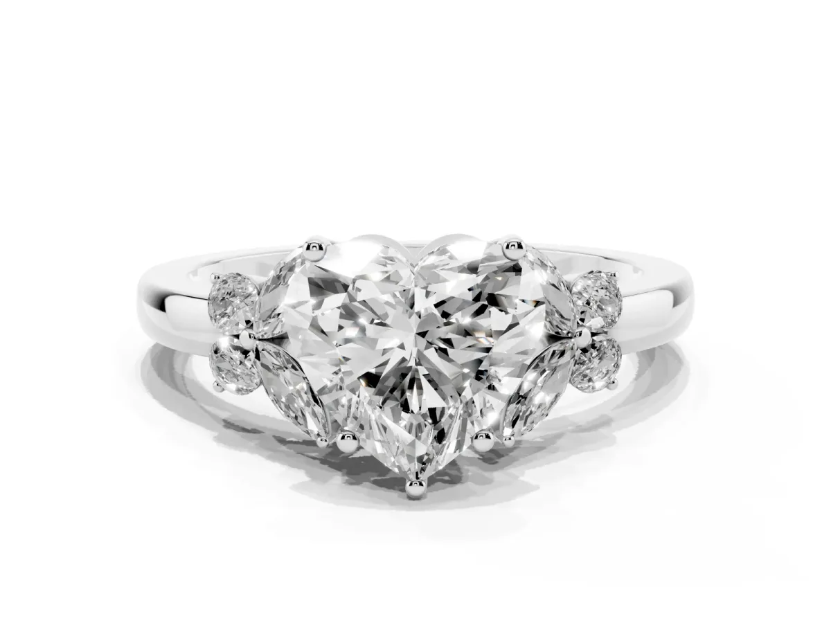 Heart Cut Cut Solitaire Floral Diamond Ring with Four-Prong Setting Platinum