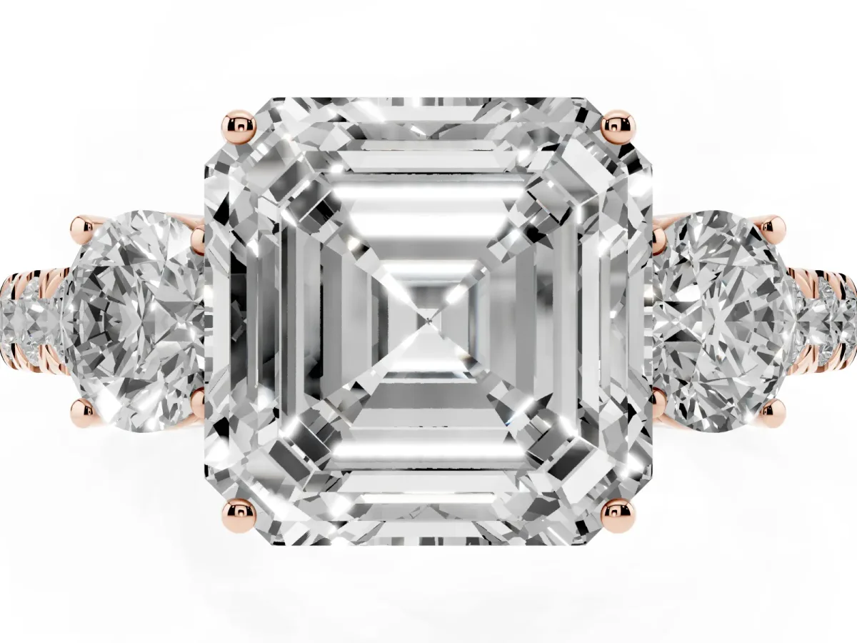 Asscher Cut Cut Diamond Three-Stone Ring with Round Side Stones and Pavé Band Rose gold