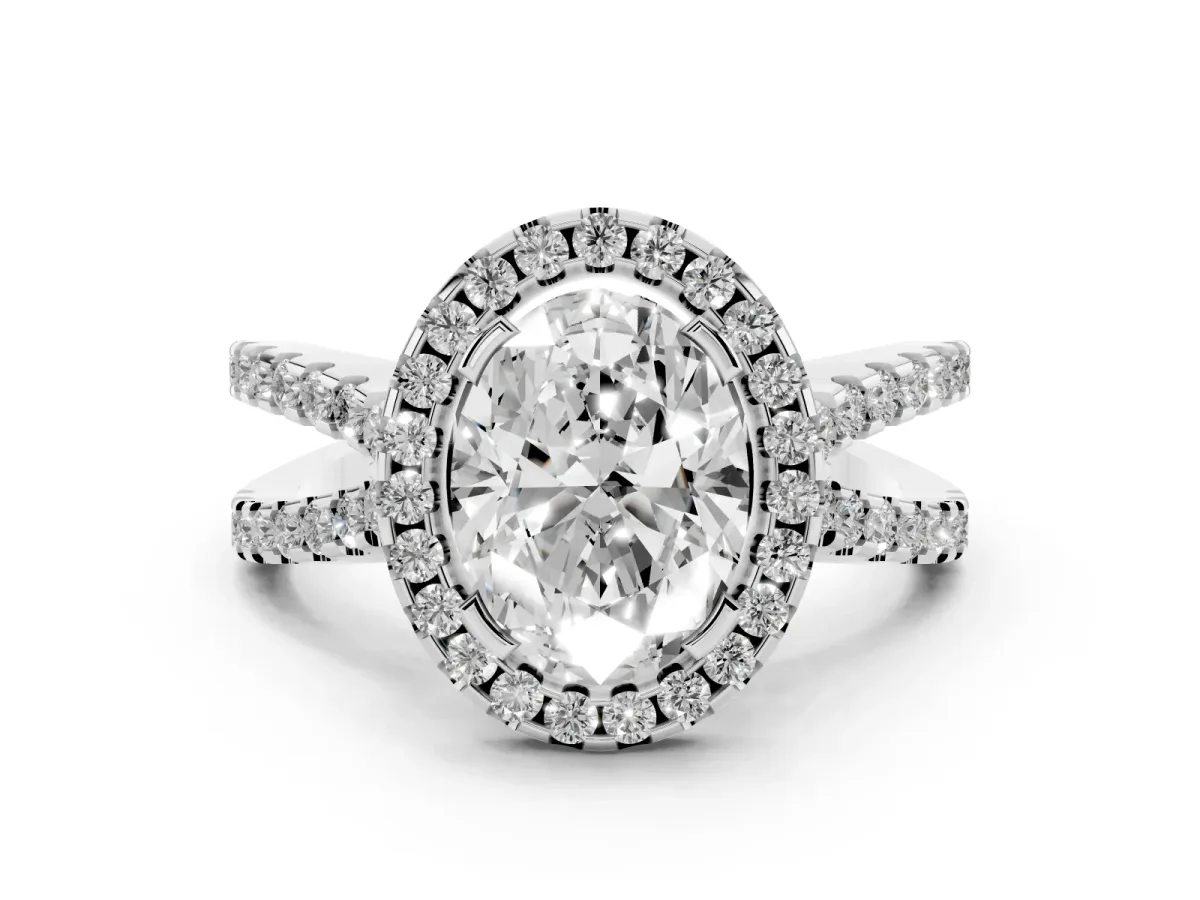 Oval Cut Diamond Halo Ring with Split Shank Pavé Band and Prong Setting Silver