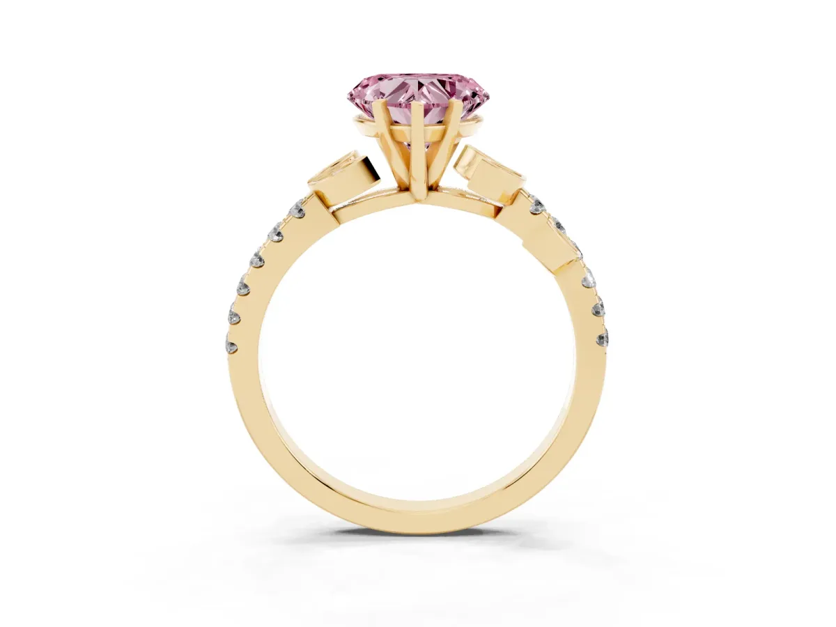 Fancy Pink Heart Cut Solitaire Leaf-Inspired Diamond Ring with Pavé Band and Four-Prong Setting Yellow gold