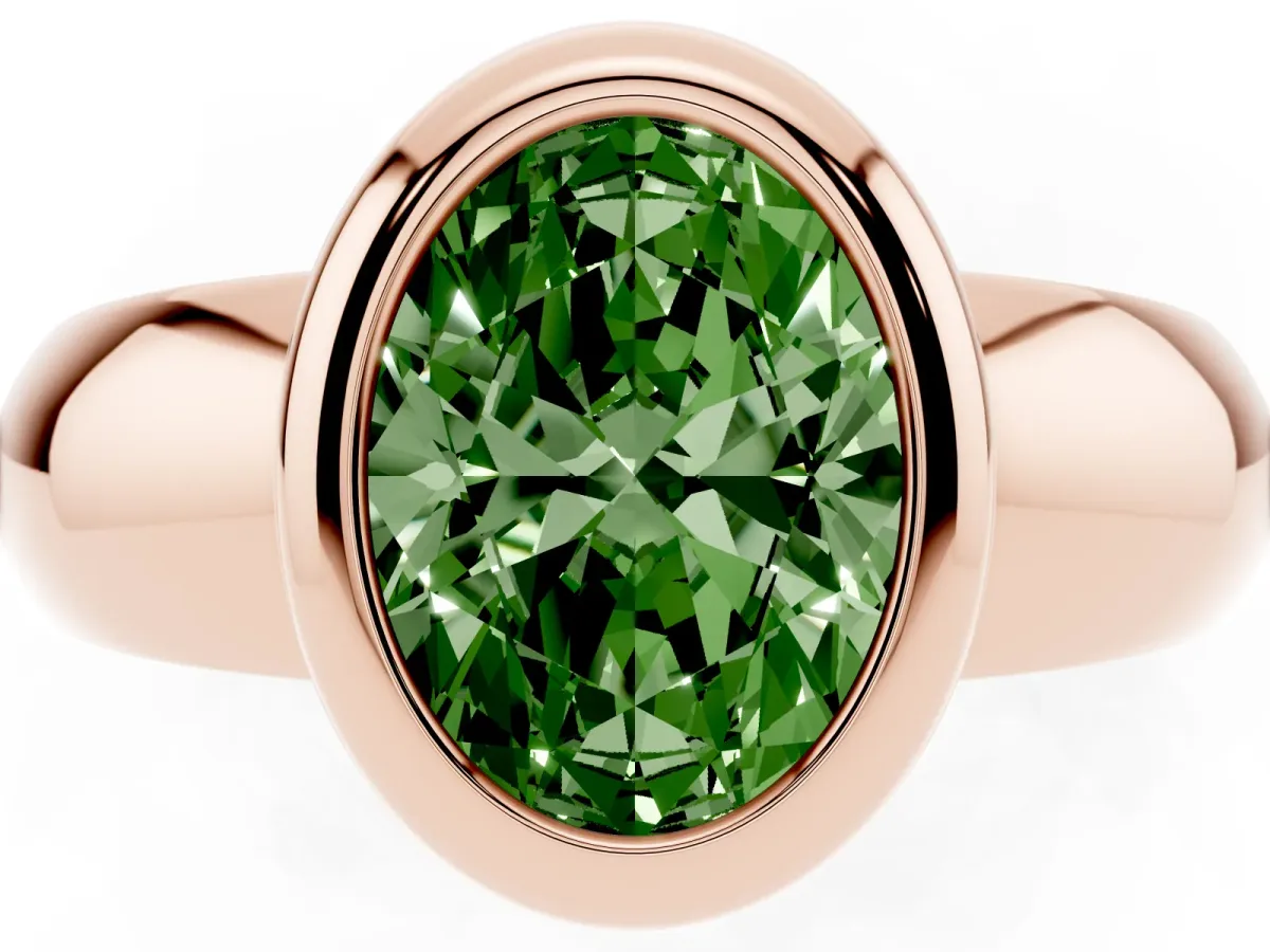 Fancy Green Bezel Set Oval Cut Solitaire Ring with Wide Band Rose gold