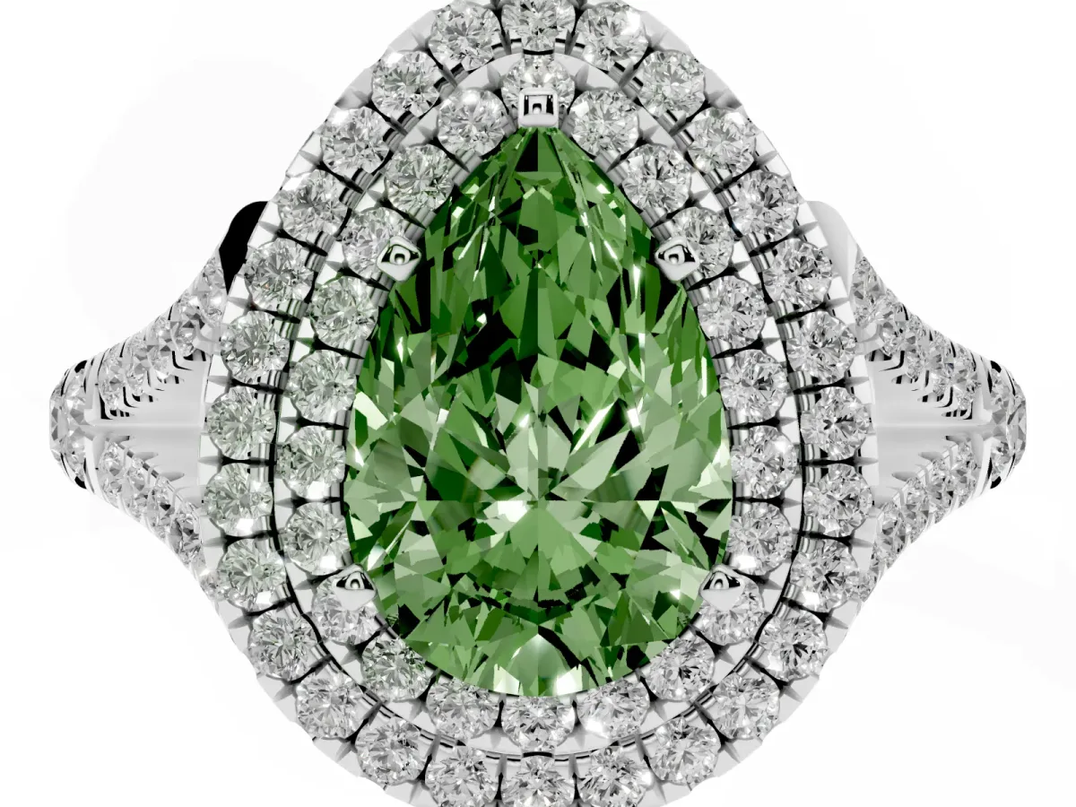 Fancy Green Pear Cut Diamond Double Halo Ring with Split Shank and Prong Setting Silver