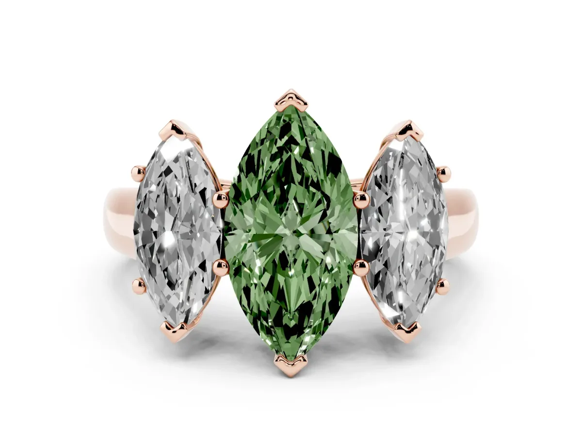 Fancy Green Marquise Cut Three-Stone Diamond Ring with Prong Setting on a Classic Band Rose gold