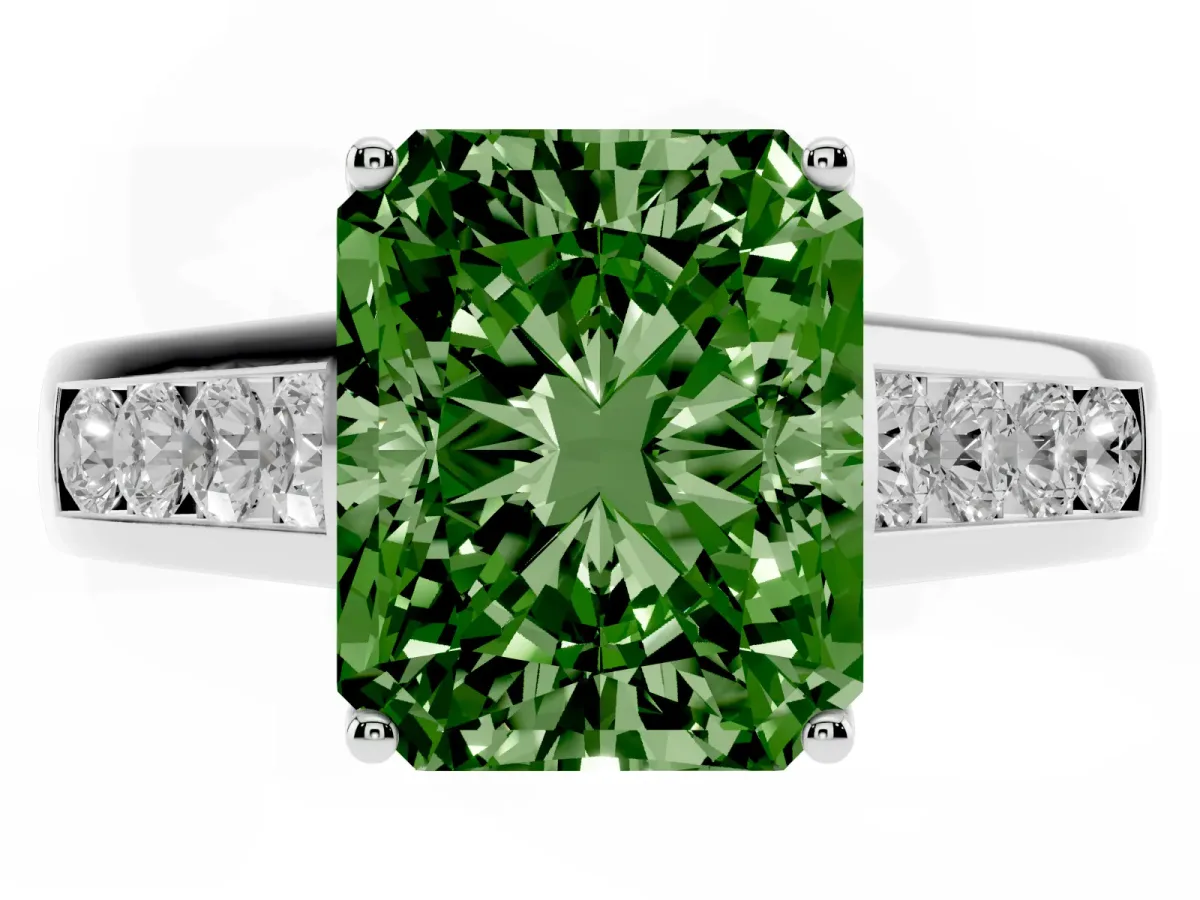 Fancy Green Radiant Cut Brilliant Channel-Set Solitaire Ring with Four-Prong Setting Silver