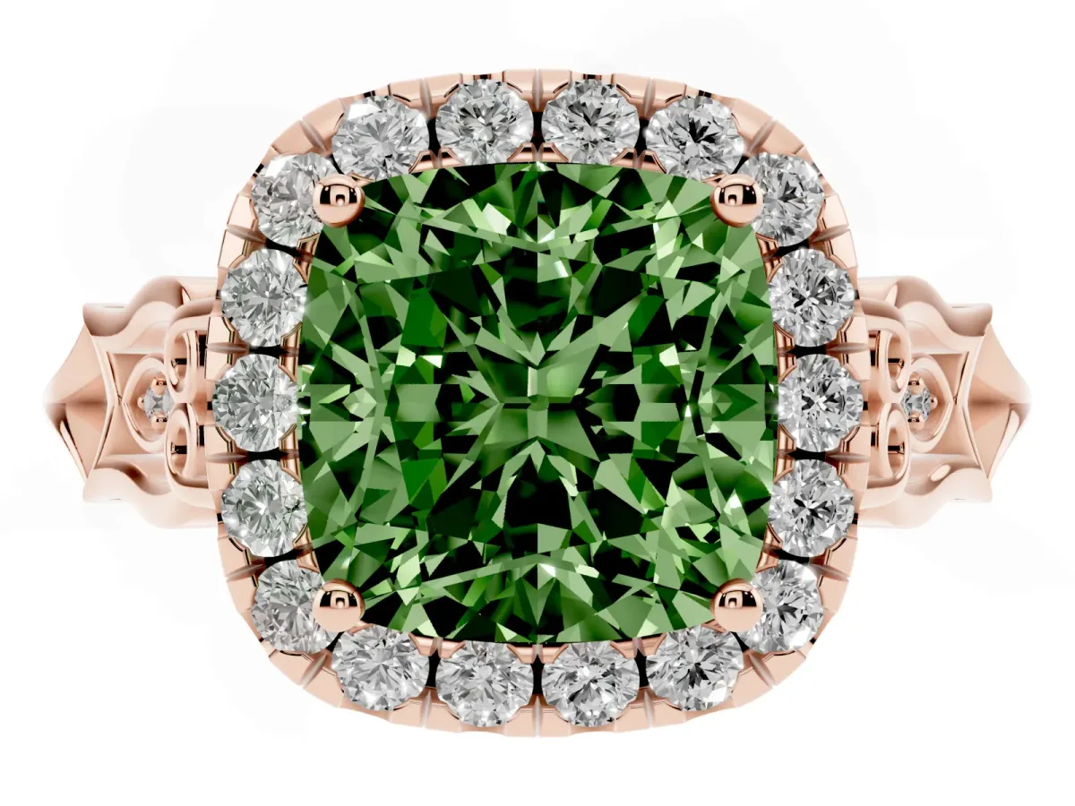 Fancy Green Cushion Cut Halo Diamond Engagement Ring with Filigree Band and Four-Prong Setting Rose gold