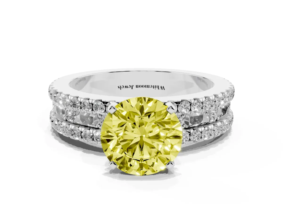 Fancy Yellow Round Cut Diamond Solitaire Ring with Pavé and Channel Set Band Silver