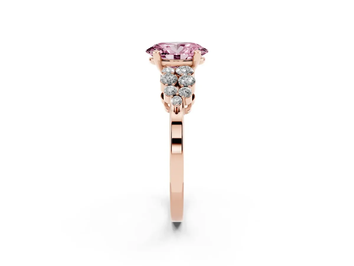 Fancy Pink Oval Cut Cluster Diamond Engagement Ring with Pavé Band and Four-Prong Setting Rose gold