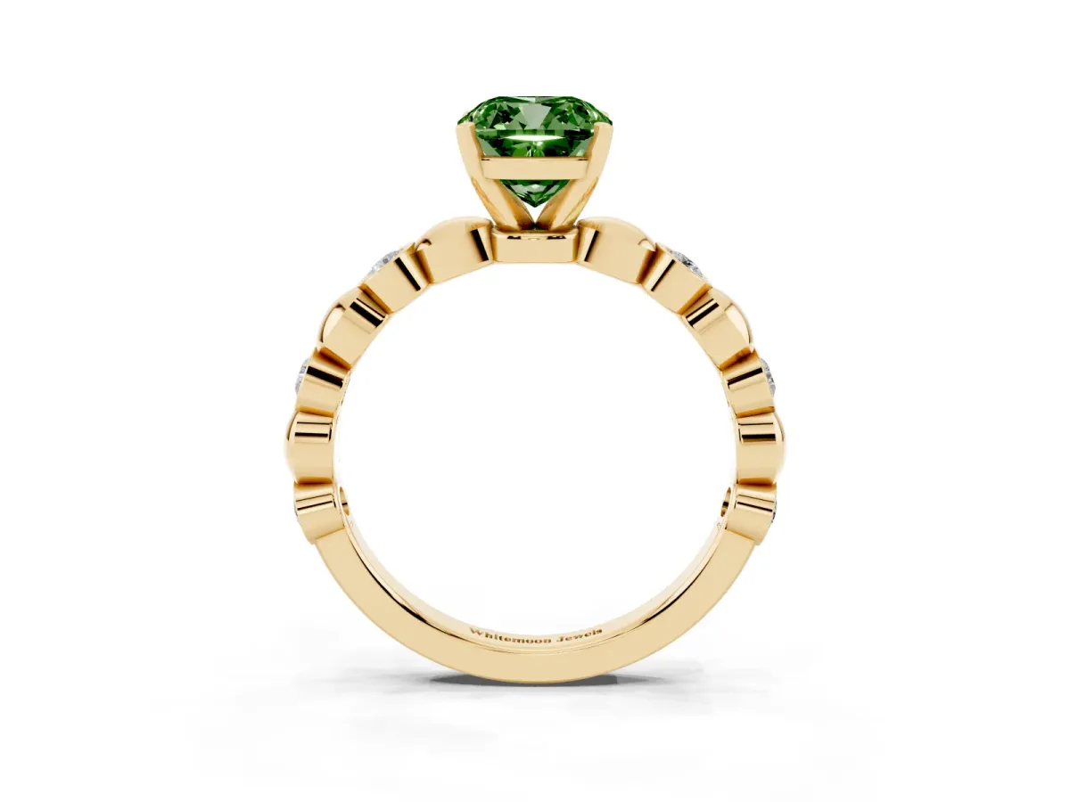 Fancy Green Cushion Cut Solitaire Bezel-Set Diamond Ring with Beaded Band and Four-Prong Setting Yellow gold