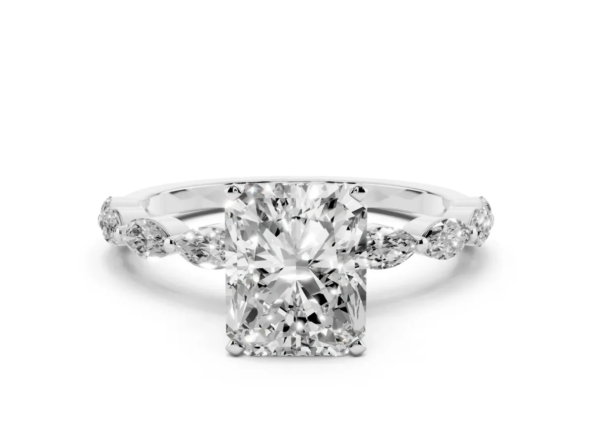 Radiant Cut Diamond Ring with Marquise Side Stones and Prong Setting Platinum