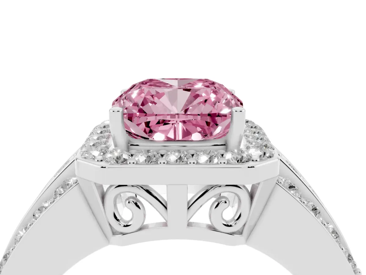 Fancy Pink Cushion Cut Halo Diamond Ring with Round Split Shank and Prong Setting Platinum