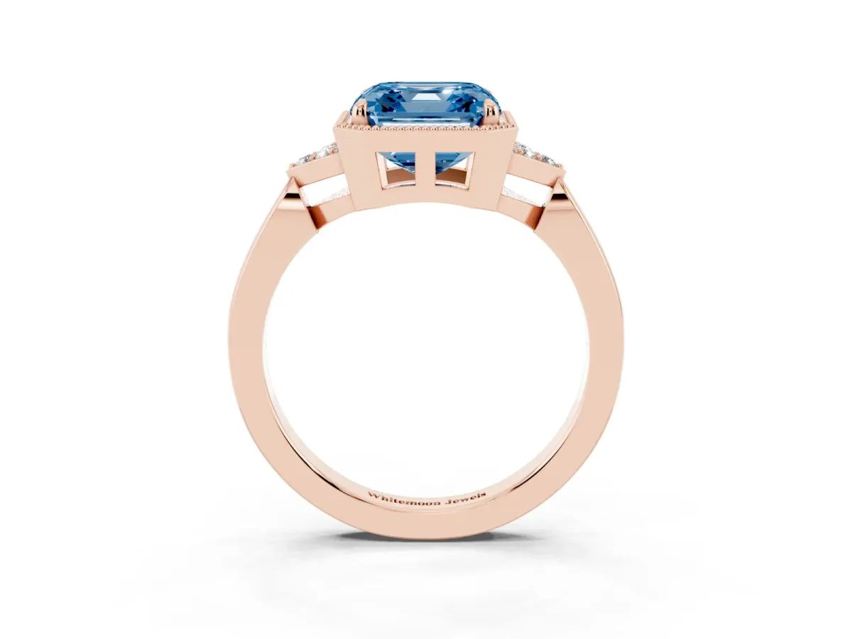 Fancy Blue Hexagonal Halo Asscher Cut Diamond Solitaire with Pavé Band and Four-Prong Setting Rose gold