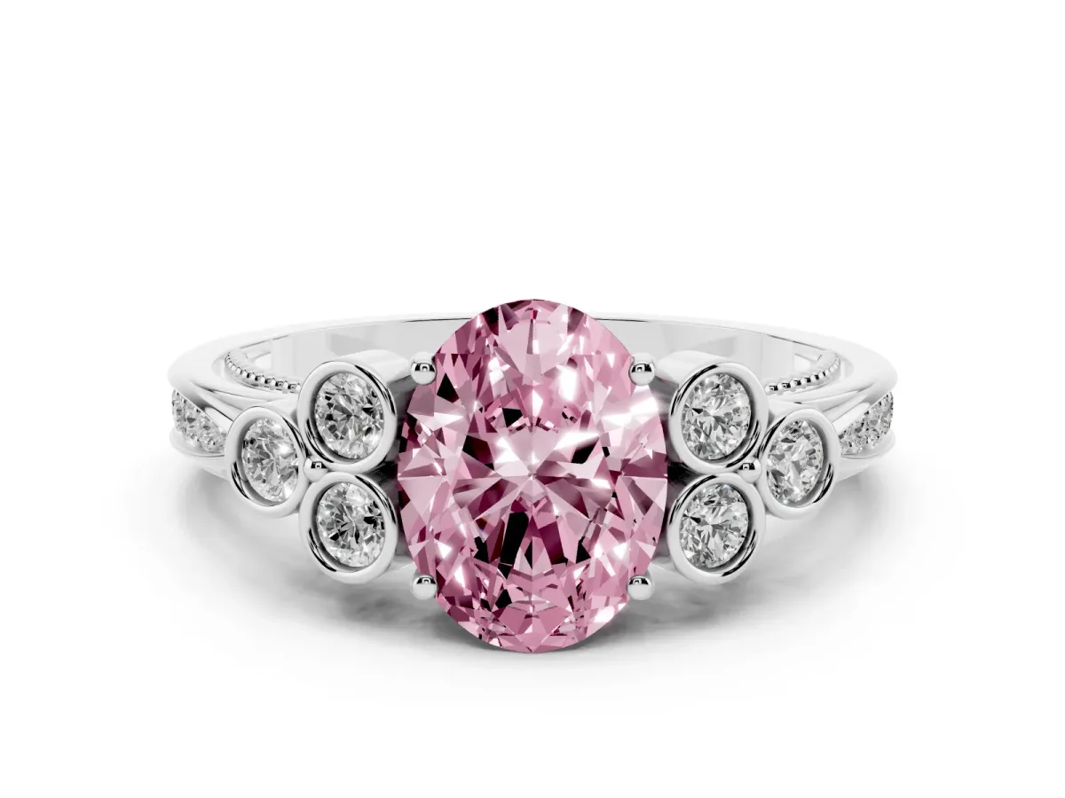 Fancy Pink Oval Cut Cut Diamond Engagement Ring with Bezel Set Round Side Stones and Prong Setting White gold